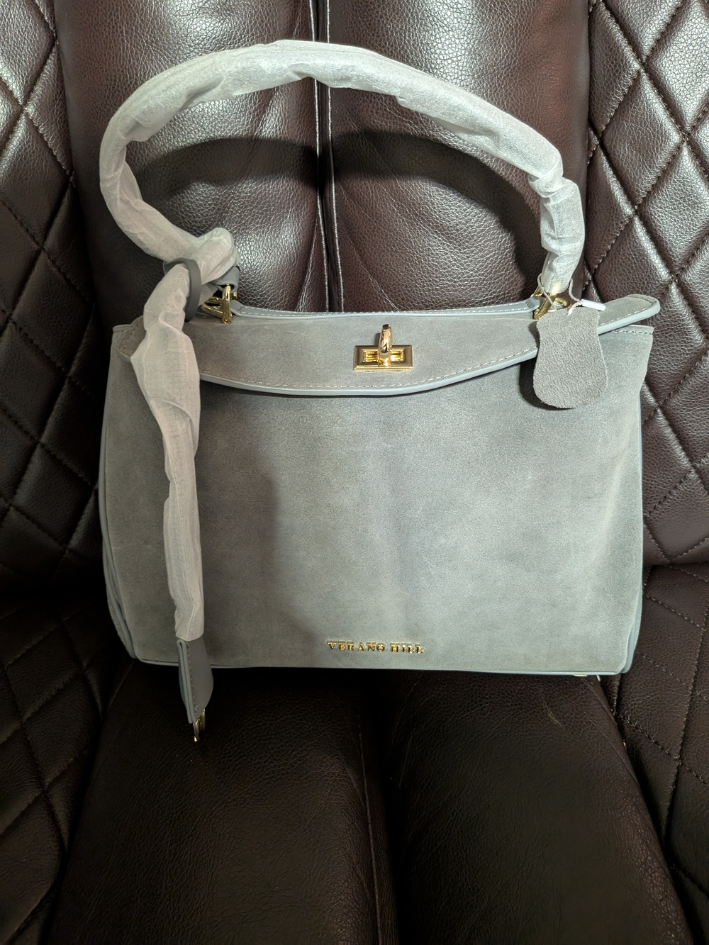 NWT Grey Suede Top-Handle Verano Hill Women's Bag with Gold Hardware